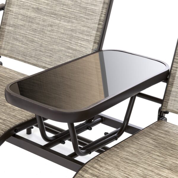 Brown 2-Seater Outdoor Mesh Double Glider Tempered Glass Attached Center Table - Image 4