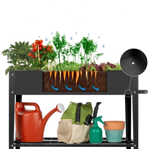 Mobile Black Metal Garden Potting Bench with Push Handle Wheels - Image 3