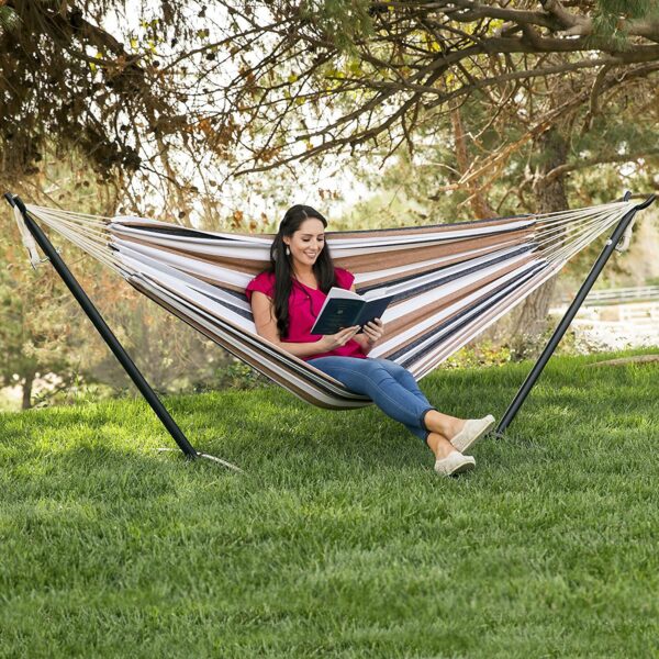 Portable Cotton Hammock in Desert Stripe with Metal Stand and Carry Case - Image 2