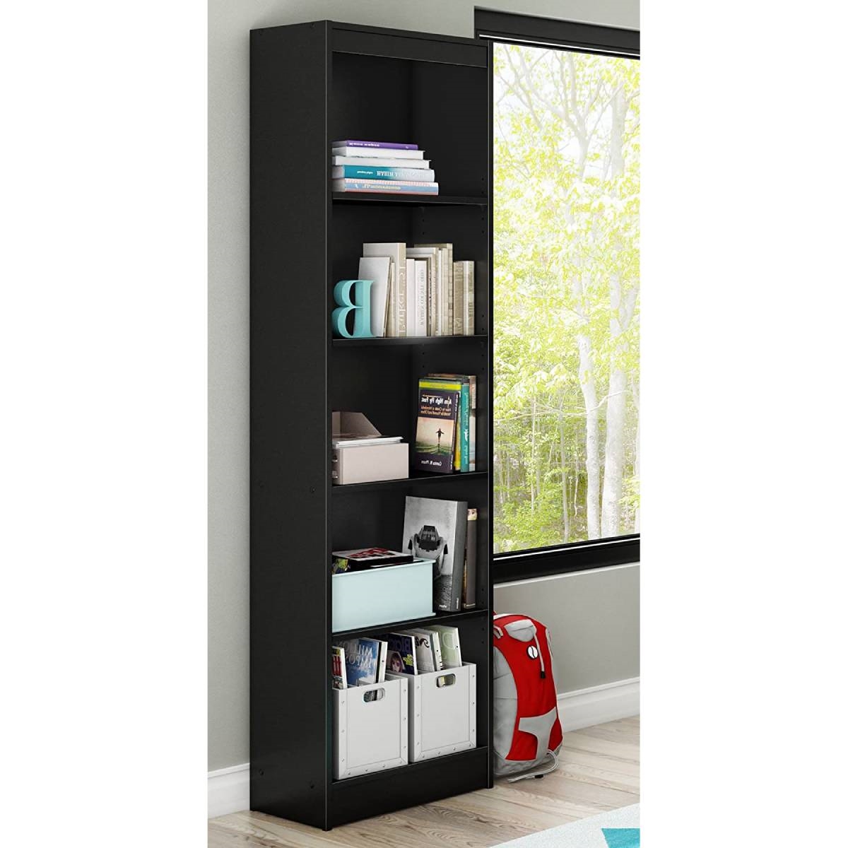 Modern Tall Skinny 5-Shelf Bookcase in Black Wood Finish - Image 2
