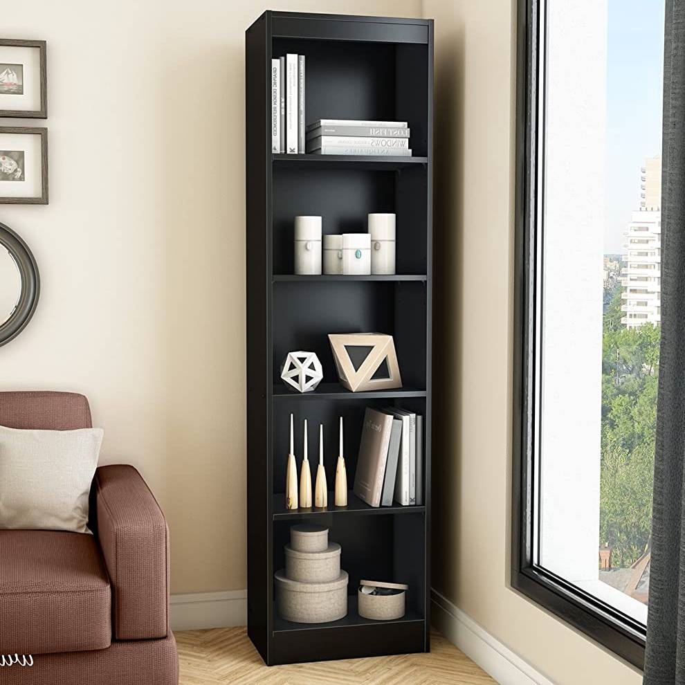 Modern Tall Skinny 5-Shelf Bookcase in Black Wood Finish - Image 3