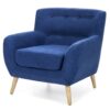 Blue Linen Upholstered Armchair with Mid-Century Modern Style Wood Legs - Image 2