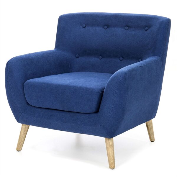 Blue Linen Upholstered Armchair with Mid-Century Modern Style Wood Legs - Image 2