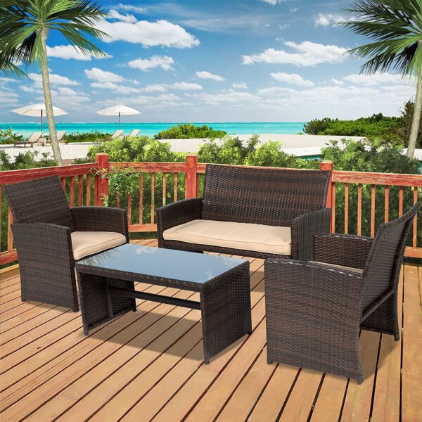 Brown Resin Wicker 4-Piece Modern Patio Furniture Set with Beige Cushions - Image 2