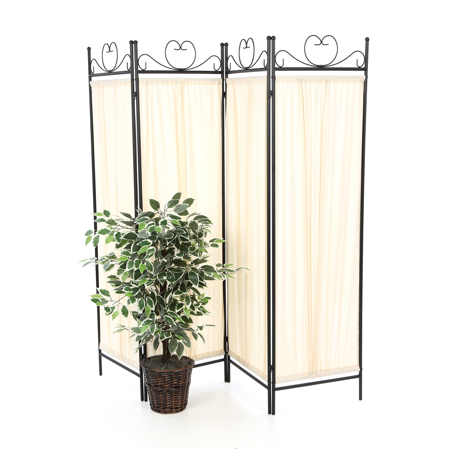 Black Metal 4-Panel Room Divider with Off-White Fabric Screen - Image 2