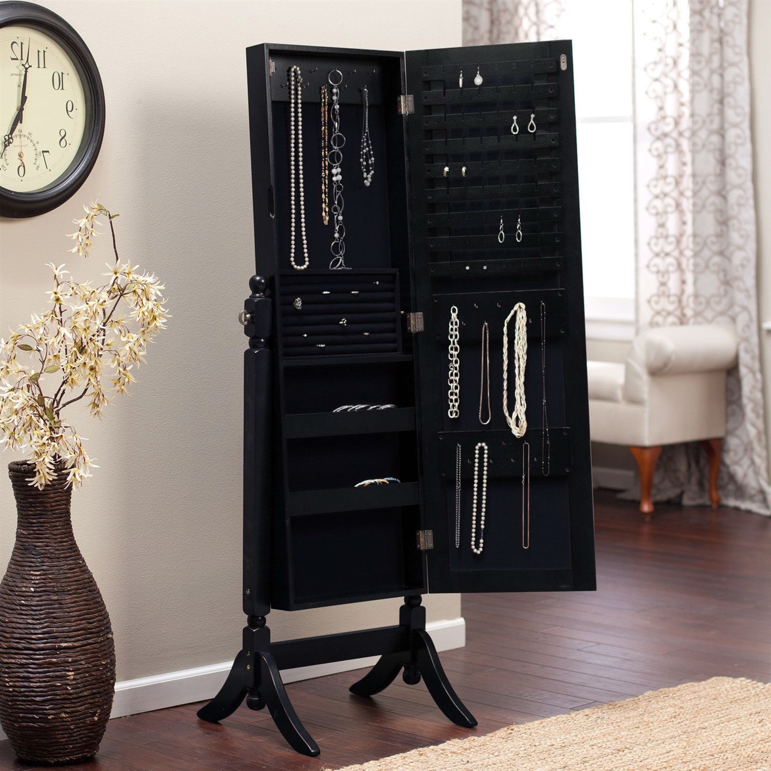 Full Length Tilting Cheval Mirror Jewelry Armoire in Black Wood Finish - Image 2