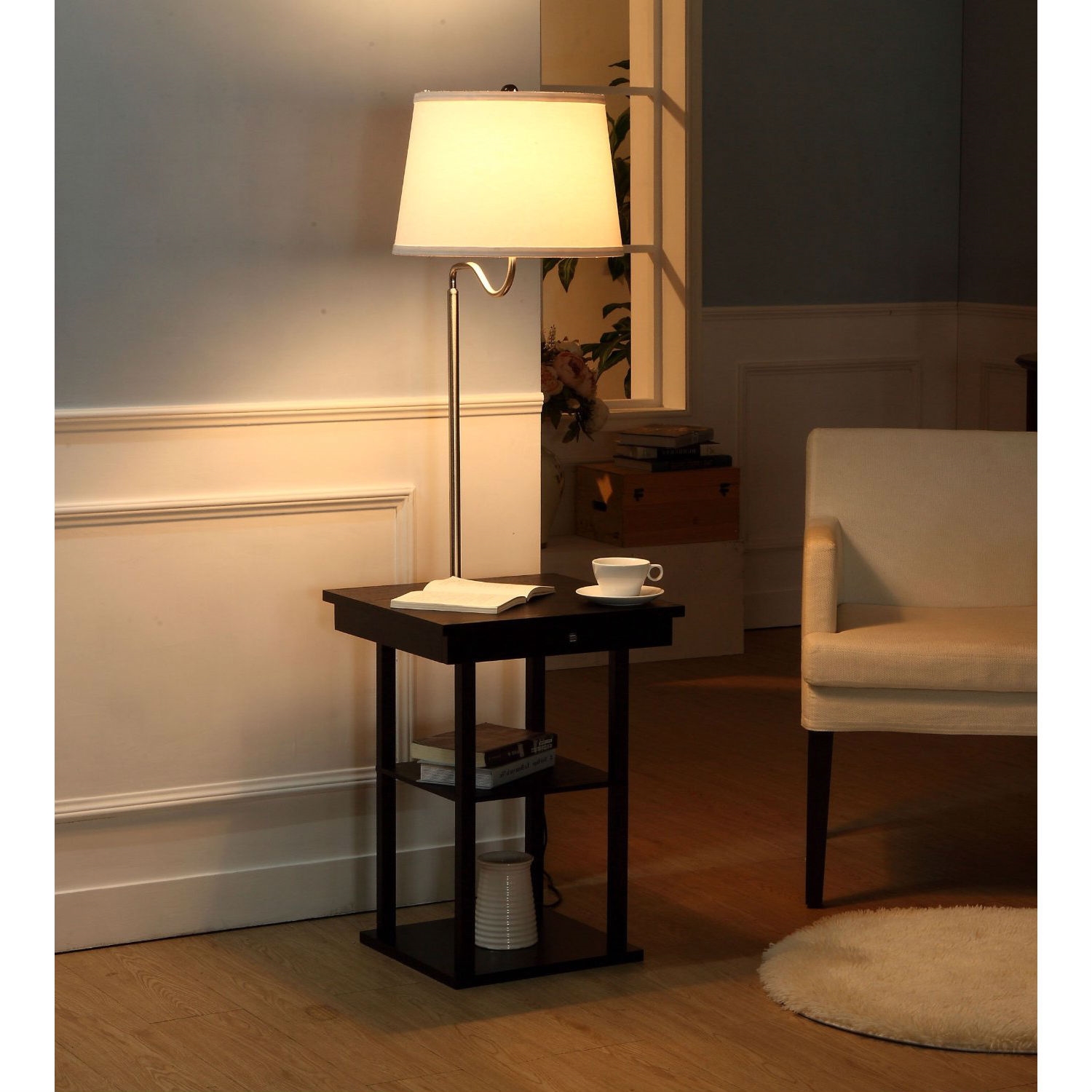 2-in1 Modern Side Table Floor Lamp with White Shade and USB Ports - Image 4
