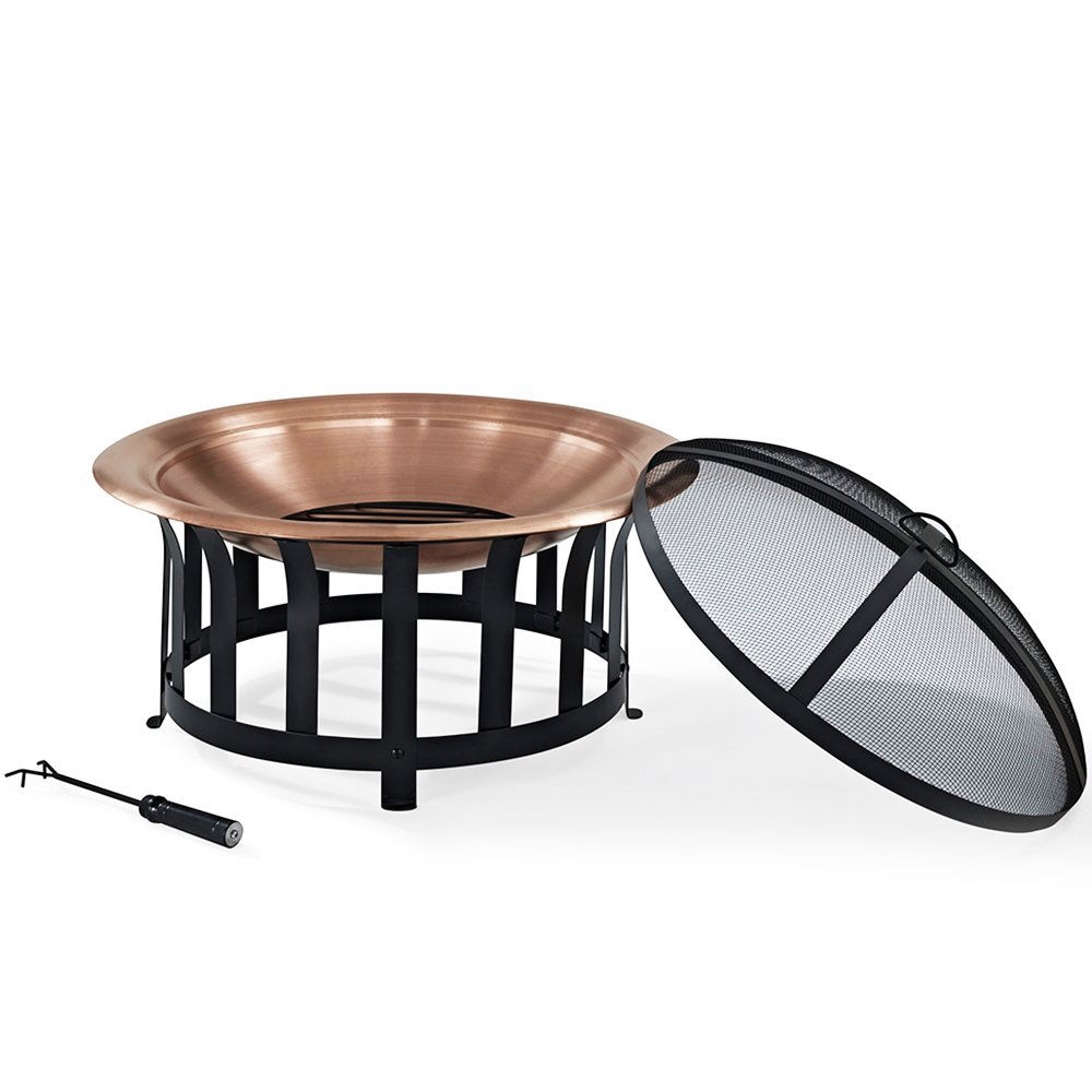 Oversized Copper Bowl Fire Pit with Black Steel Frame Poker and Spark Screen - Image 2