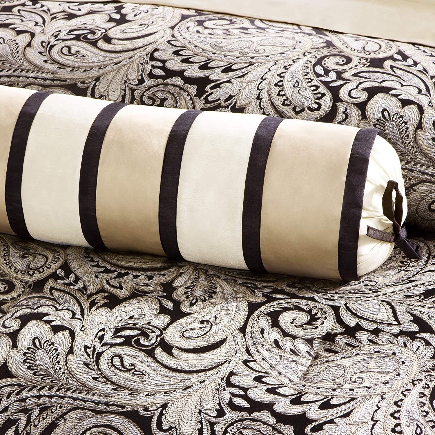 King 12 Piece Cotton Polyester Comforter Set Black Gold Paisley - Image 3