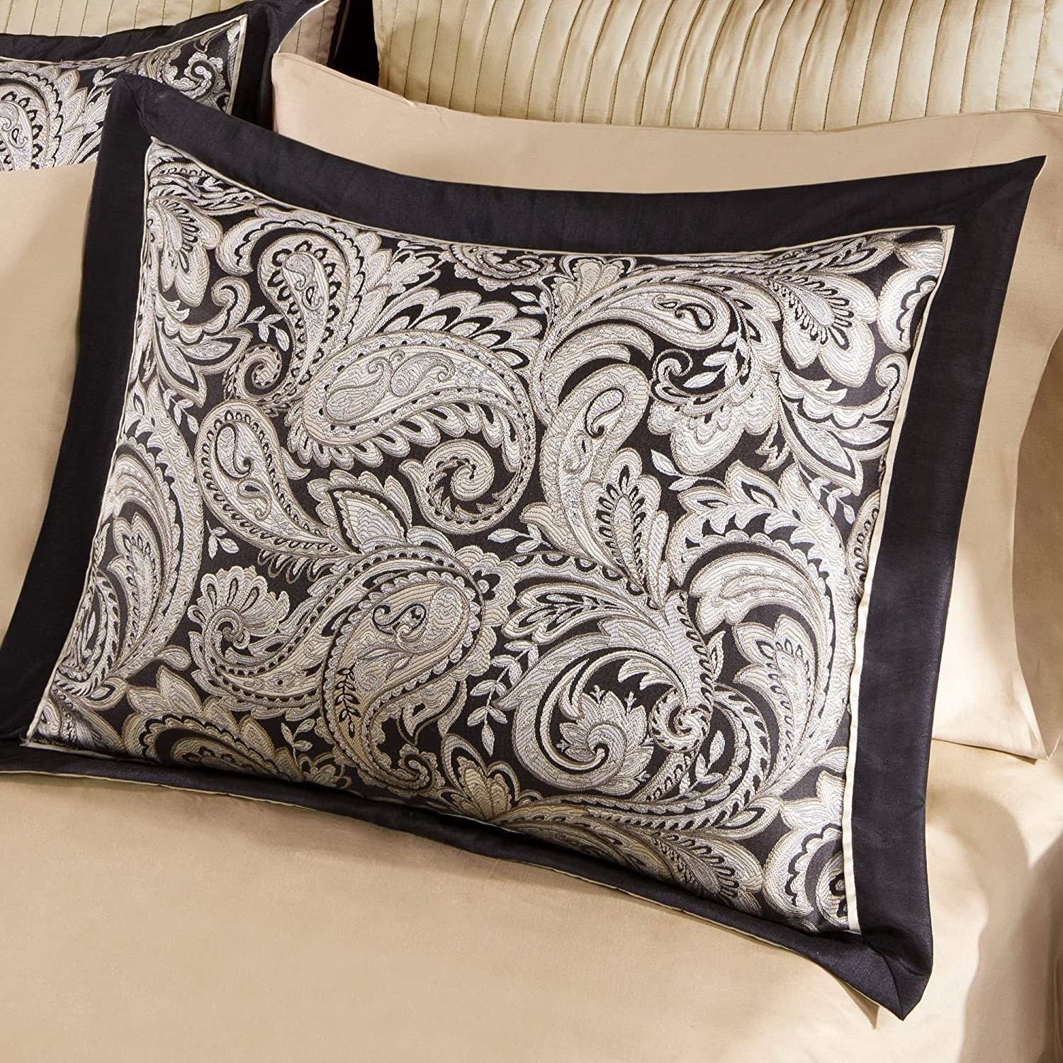 King 12 Piece Cotton Polyester Comforter Set Black Gold Paisley - Image 4