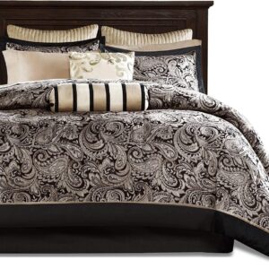 Queen 12 Piece Cotton Polyester Comforter Set Black Gold Paisley