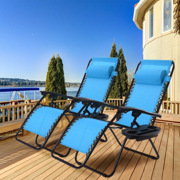 Set of 2 Blue Folding Outdoor Zero Gravity Lounge Chair Recliner - Image 2