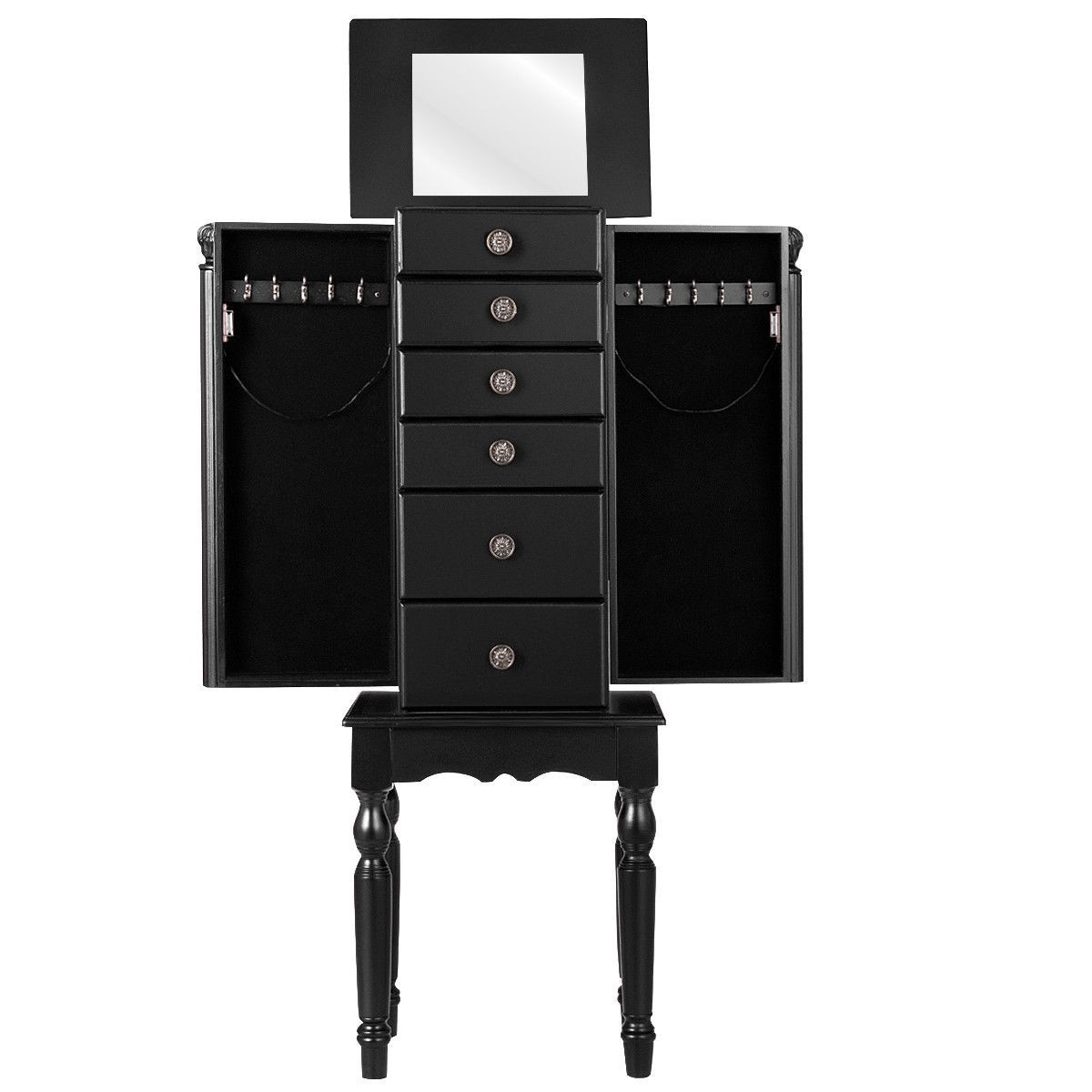Black Wood Jewelry Armoire 6-Drawer Storage Chest with Mirror - Image 2