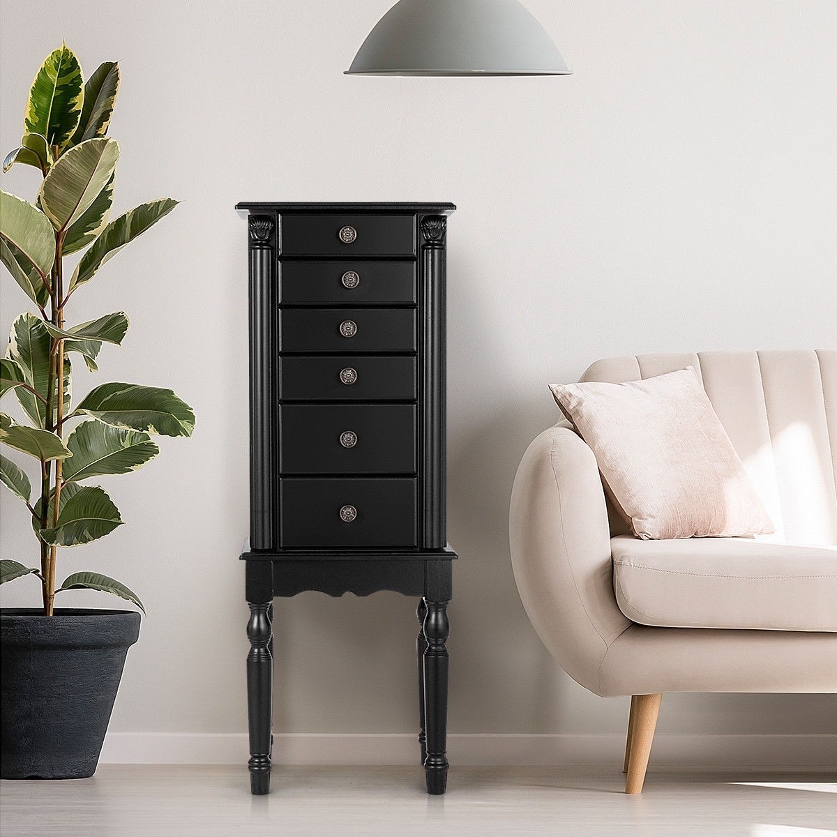 Black Wood Jewelry Armoire 6-Drawer Storage Chest with Mirror - Image 5