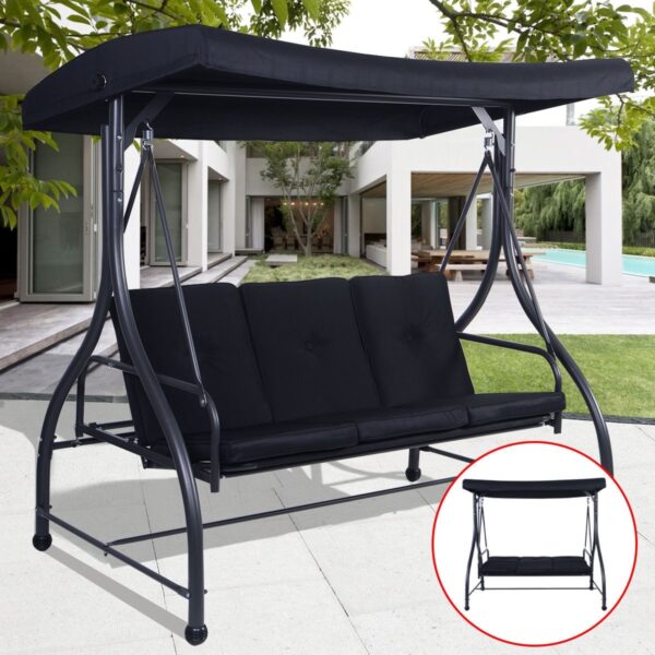 Black Adjustable 3 Seat Cushioned Porch Patio Canopy Swing Chair - Image 2