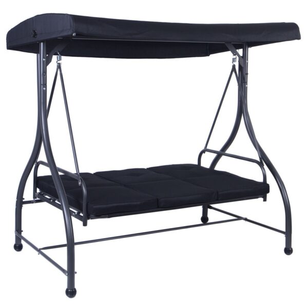 Black Adjustable 3 Seat Cushioned Porch Patio Canopy Swing Chair - Image 3