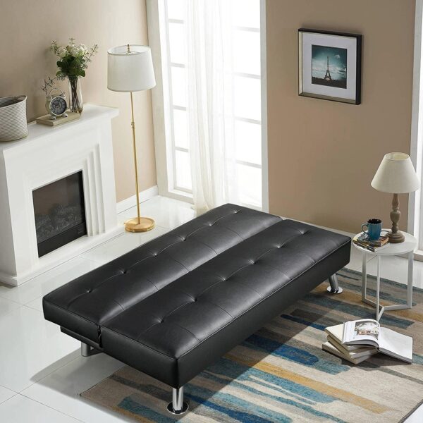 Black Faux Leather Click Clack Adjustable Futon Sleeper Sofa - Image 4
