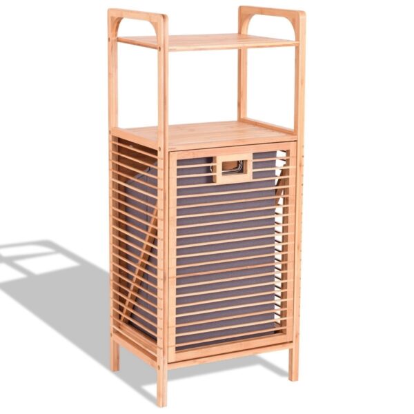 Bamboo 2-in-1 Laundry Hamper Side Table with 2 Shelves and Clothes Basket - Image 2