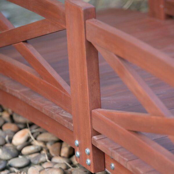 Red Stained Wood 4-Ft Garden Bridge with X-Design Hand Rails - Image 3