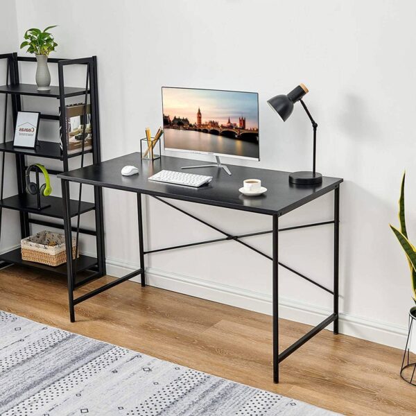 Modern Home Office Computer Desk Table with Black Metal Frame and Wood Top - Image 4
