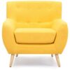 Modern Yellow Linen Upholstered Armchair with Mid-Century Style Wooden Legs