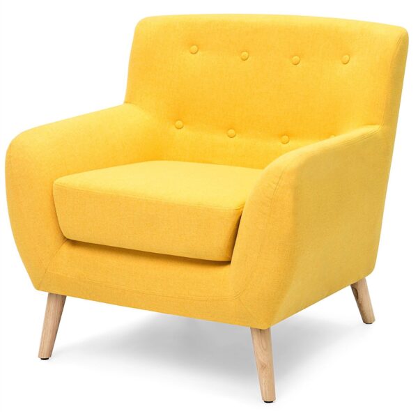 Modern Yellow Linen Upholstered Armchair with Mid-Century Style Wooden Legs - Image 2