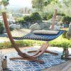 Blue 2-Person Quilted Hammock with Durable Wood Frame Stand