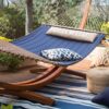 Blue 2-Person Quilted Hammock with Durable Wood Frame Stand - Image 3