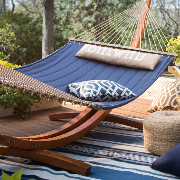 Blue 2-Person Quilted Hammock with Durable Wood Frame Stand - Image 3