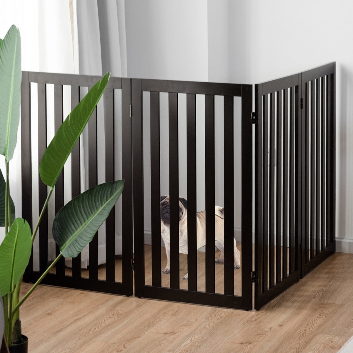 Folding 4-Panel Dog Gate Pet Fence in Brown Wood Finish - Image 2