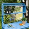 Blue Wood Potting Bench with Garden Tool Hanging Trellis and Slatted Shelf - Image 2