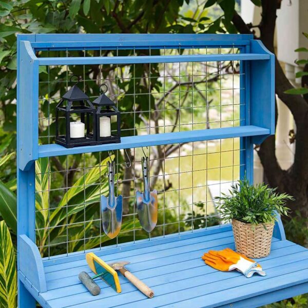 Blue Wood Potting Bench with Garden Tool Hanging Trellis and Slatted Shelf - Image 2