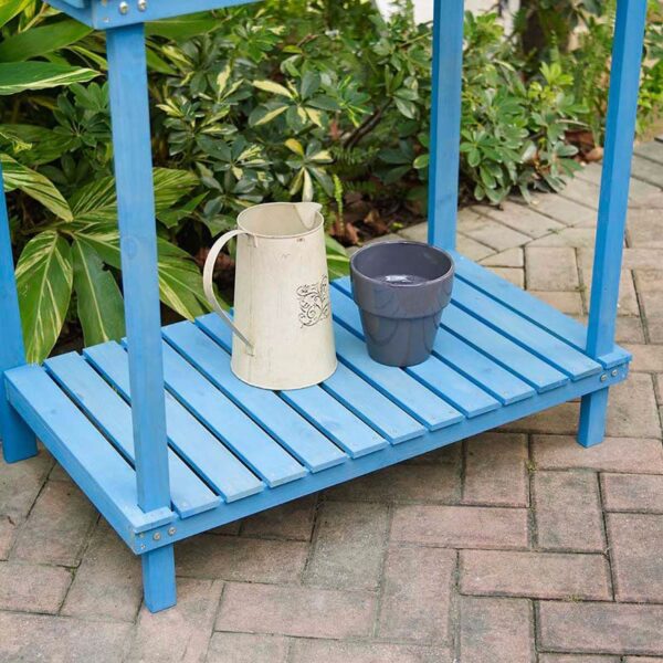Blue Wood Potting Bench with Garden Tool Hanging Trellis and Slatted Shelf - Image 3