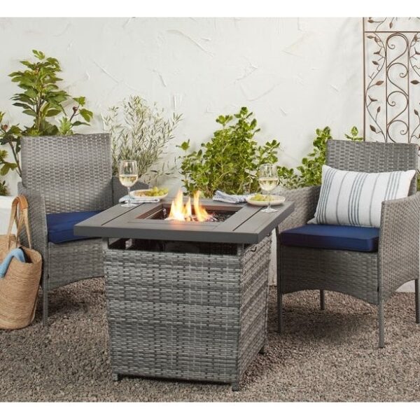 50,000 BTU Grey Wicker LP Gas Propane Fire Pit w/ Faux Wood Tabletop and Cover - Image 4
