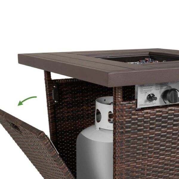 Brown Resin Wicker Fire Pit LP Gas Propane w/ Faux Wood Tabletop and Cover - Image 2