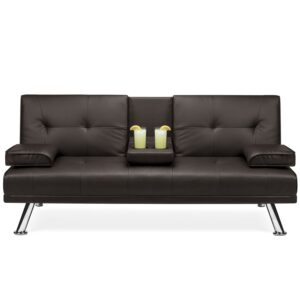 Brown Faux Leather Convertible Sofa Futon with 2 Cup Holders