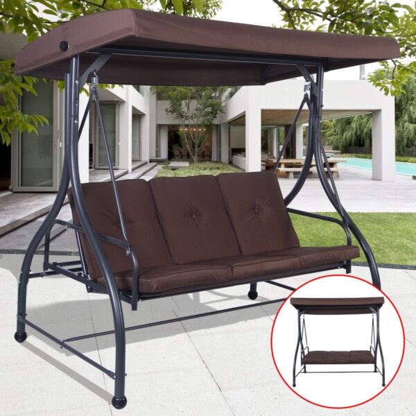 Brown Adjustable 3 Seat Cushioned Porch Patio Canopy Swing Chair - Image 3