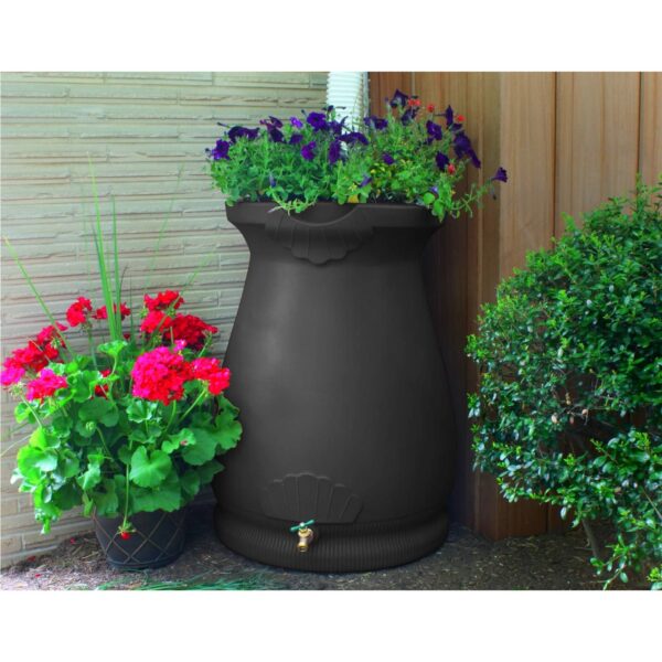 Black 65-Gallon Plastic Urn Rain Barrel with Planter Top - Image 2