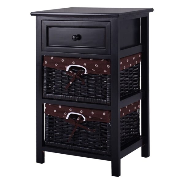 Black Wood 1-Drawer End Table Nightstand with 2 Storage Baskets - Image 2
