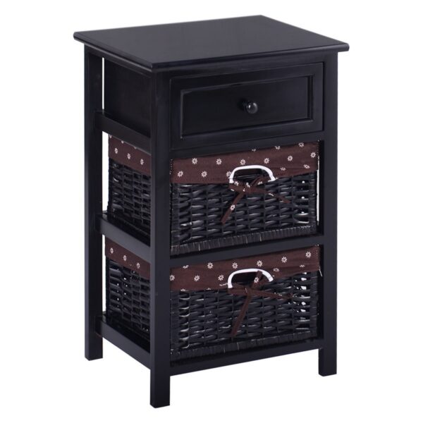 Black Wood 1-Drawer End Table Nightstand with 2 Storage Baskets - Image 3