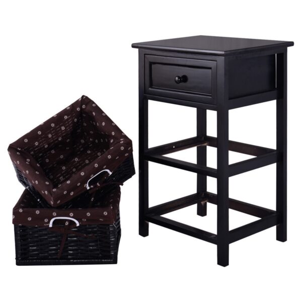 Black Wood 1-Drawer End Table Nightstand with 2 Storage Baskets - Image 4