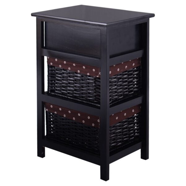 Black Wood 1-Drawer End Table Nightstand with 2 Storage Baskets - Image 5