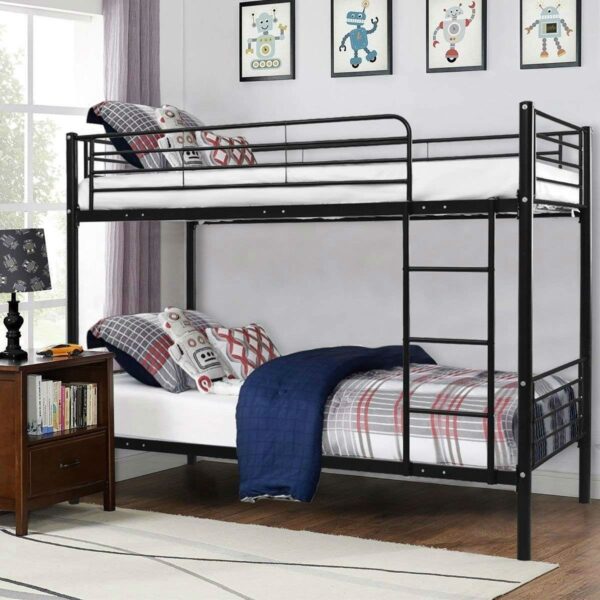Twin over Twin Steel Bunk Bed Frame with Ladder in Black - Image 2