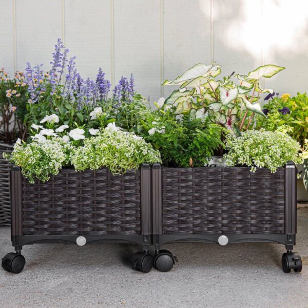 Modern 2-Piece Indoor Outdoor Raised Garden Planter Box on Wheels in PP Rattan - Image 3