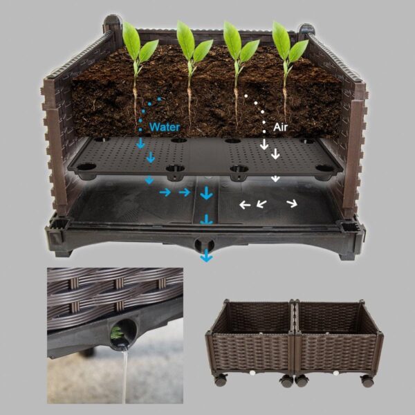 Modern 2-Piece Indoor Outdoor Raised Garden Planter Box on Wheels in PP Rattan - Image 4