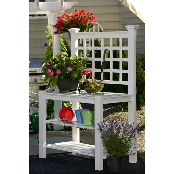 White Vinyl Outdoor Garden Classic Potting Bench with Shelves - Image 4