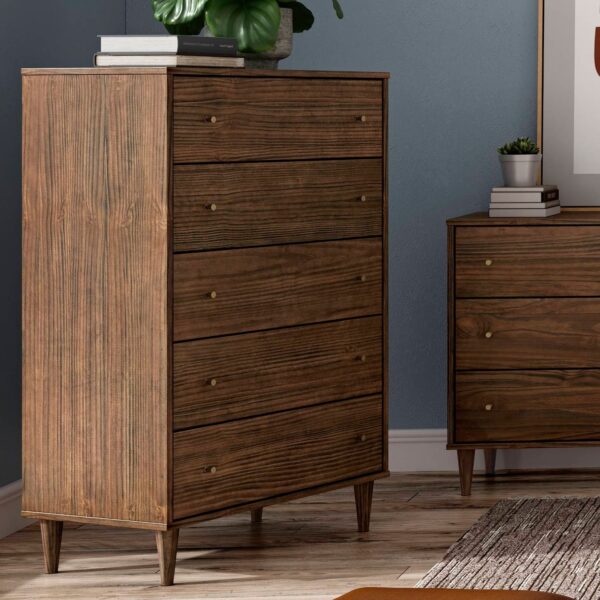 Farmhouse Rustic Walnut Mid Century 5 Drawer Chest - Image 4