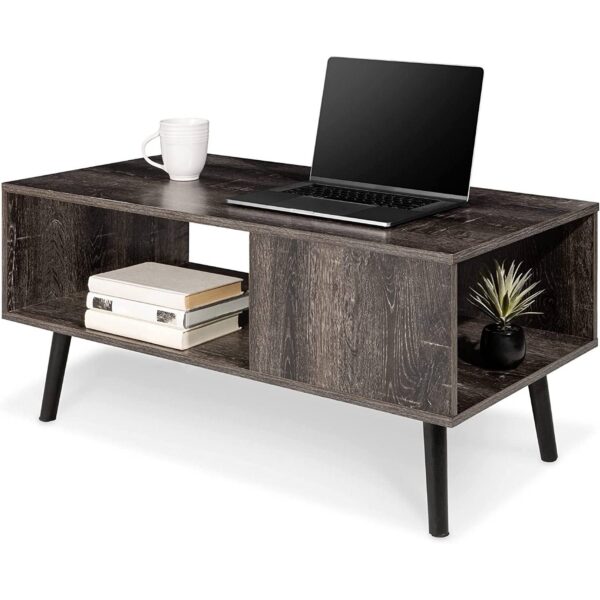 Modern Mid-Century Coffee Table Living Room Storage Shelf in Rustic Black Wood - Image 2