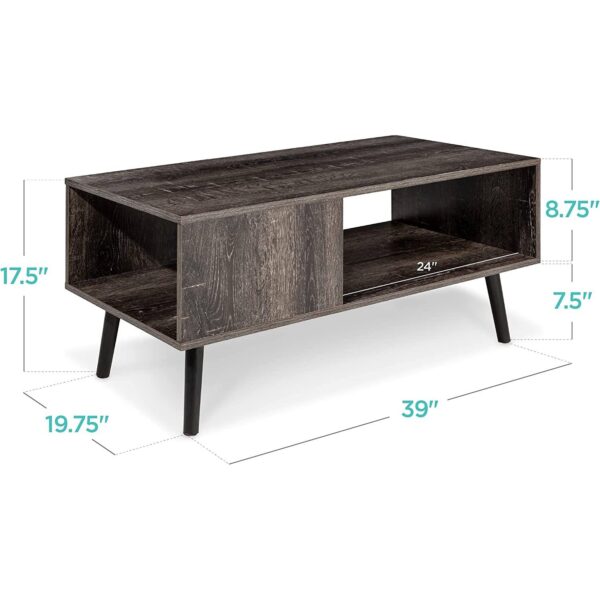 Modern Mid-Century Coffee Table Living Room Storage Shelf in Rustic Black Wood - Image 3