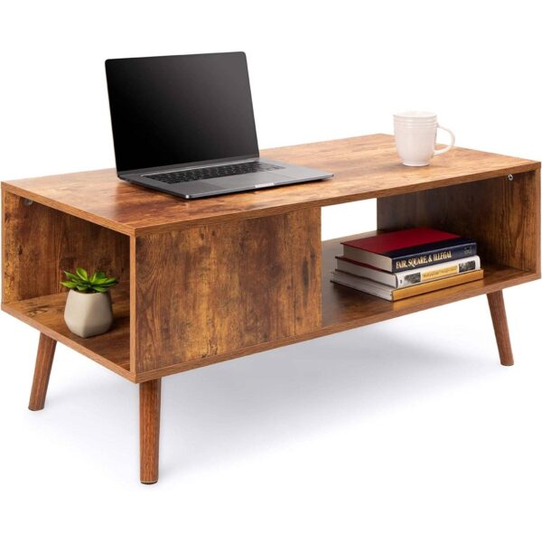 Modern Mid-Century Coffee Table Living Room Storage Shelf in Brown Wood - Image 2